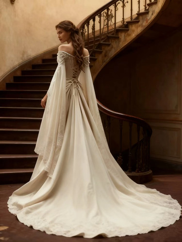 Medieval Wedding Dress Off Shoulder Cape Sleeves Lace A-Line Vintage ...
