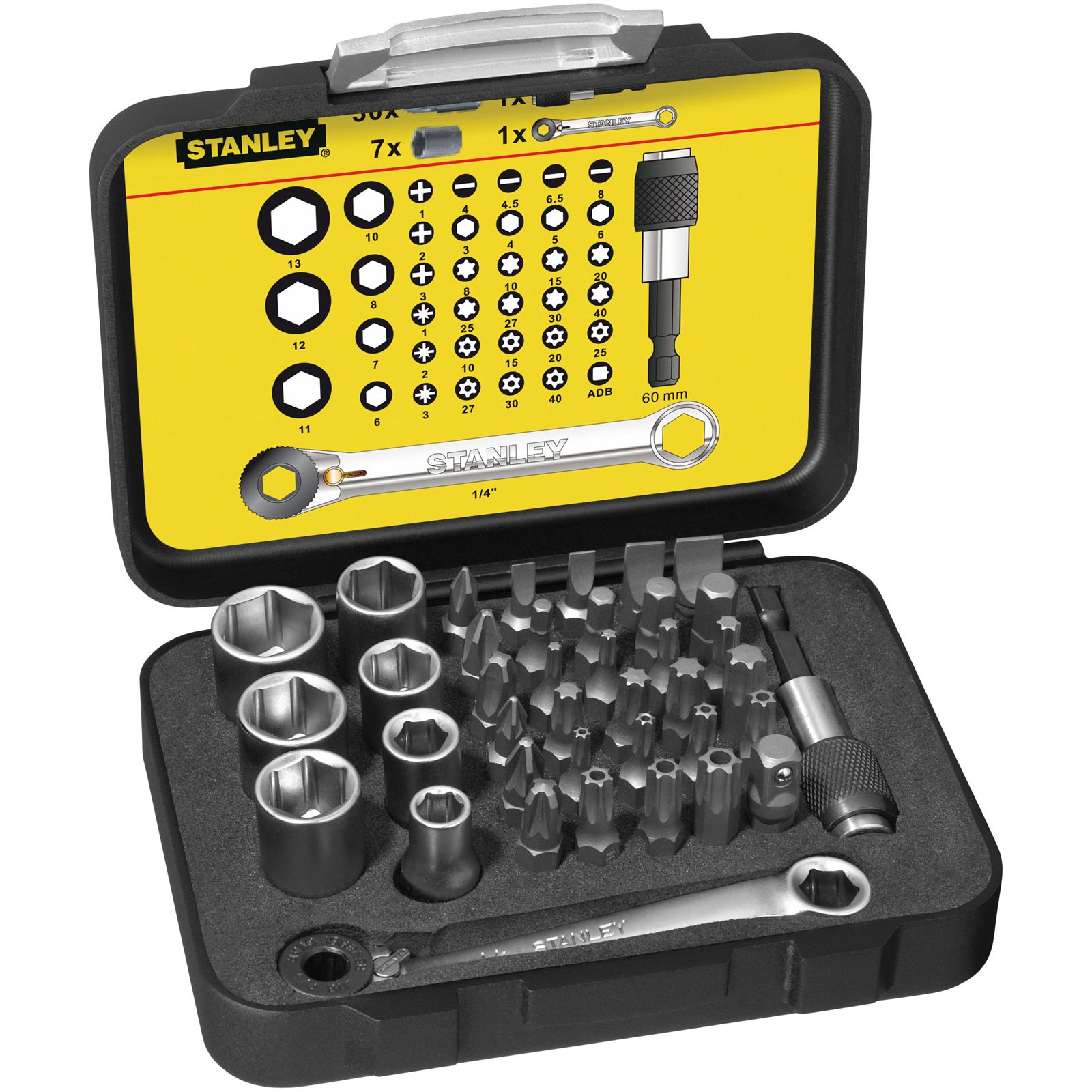 Stanley Bit & Socket Set Of 39 + Ratchet End Metric 1/4 Drive