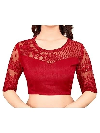 Sari de Georgette granate para mujer cosido listo con borde de encaje festoneado Foto 4 de 4