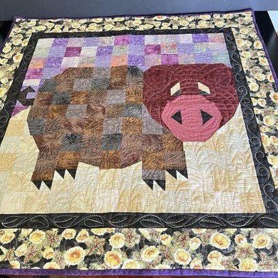 Handmade Patchwork Farmhouse PIG Lap / Crib Quilt Multicolor 32  Square Vintage