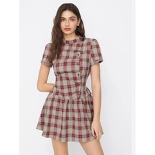 CIDER Plaid Stand Collar Puff Sleeve Tie Back Button Mini Dress NWT Size XXS