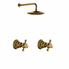 8in Antique Brass Shower Faucet Set Rain Round Shower Head Mixer Dual Handles Ta