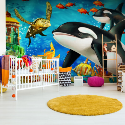 VINYL Fototapete Kinderzimmer XXL TAPETE  Unterwasser SCHLOSS Fische 2930