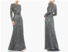 MAC DUGGAL 5124 BEADED LONG SLEEVE CHARCOAL GOWN sz 4