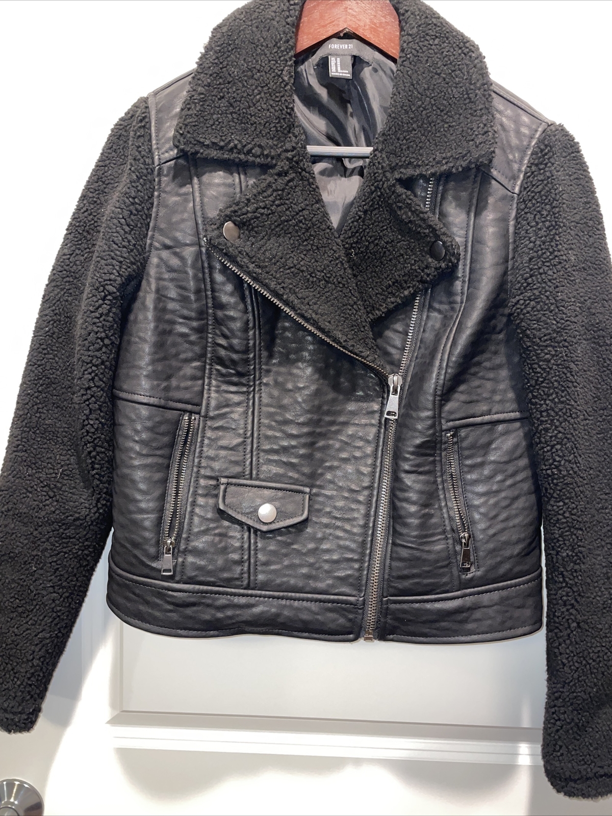 Black Faux Leather Sherpa Coat Jacket 