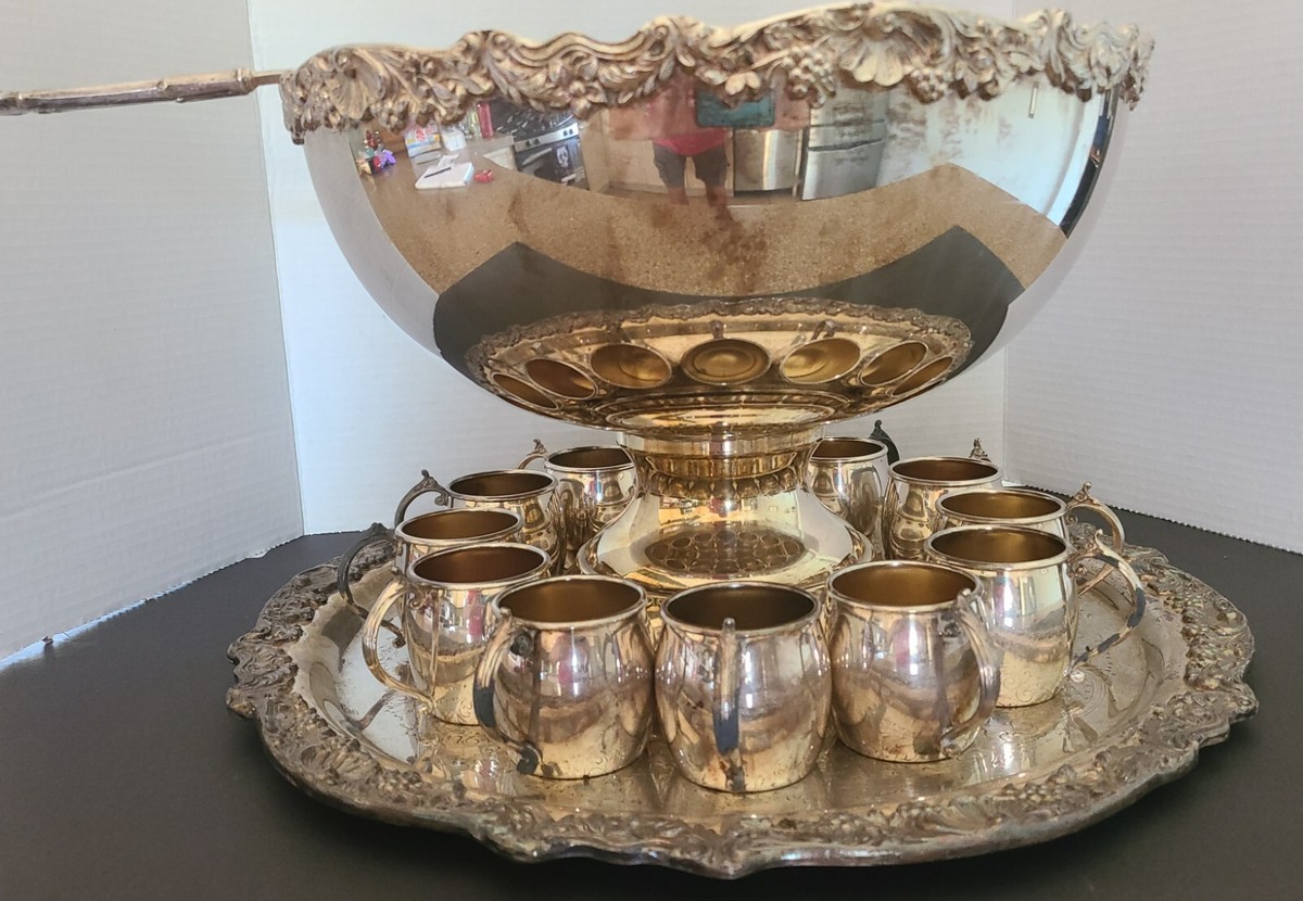 Vintage F.B. Rogers Silver C- Punch Bowl Set- Bowl-12 cups-Ladle