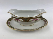 Antique JEAN BOYER J B LIMOGES FRANCE Gravy Boat Pink Purple Roses Blue Stamp