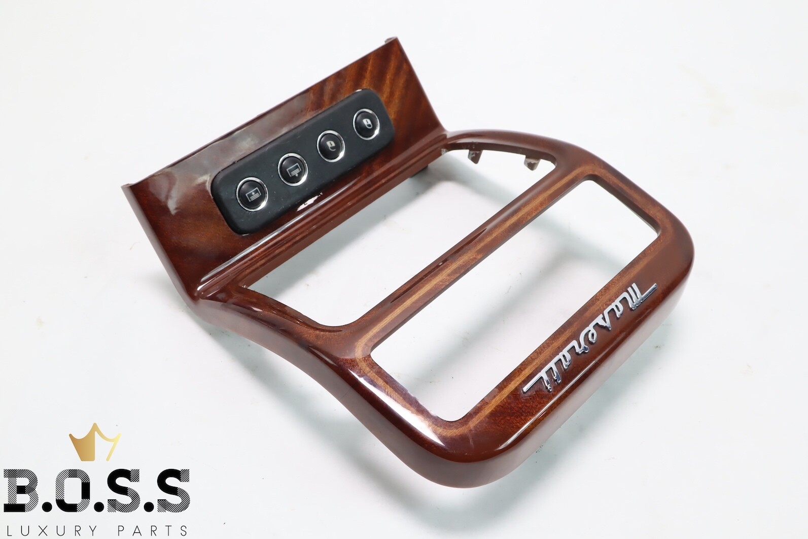 03-08 MASERATI QUATTROPORTE M139 REAR CENTER CONSOLE WOOD TRIM BEZEL w/ BUTTONS