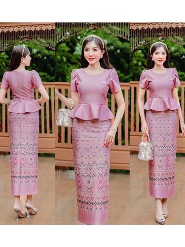 Thai Cotton Dress Traditional Women Skirt Blouse Fashion Printed Long Laos Asian - 第 3/20 張圖片