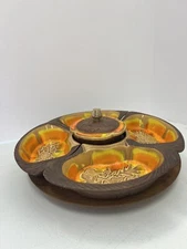 MCM Calf Pottery Lazy Susan 734 Orange Drip Glaze Acorns Fall Chip & Dip Veggies