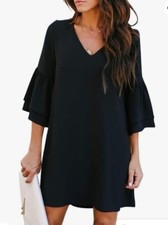 Womens Black Bell Sleeve Shift Small Mini Dress V-Neckline Party Cocktail Sexy