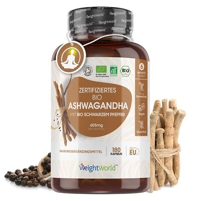 WEIGHTWORLD Ashwagandha - 180 Bio Kapseln - Indischer Ginseng - Beruhigung Vitalität - Vegan