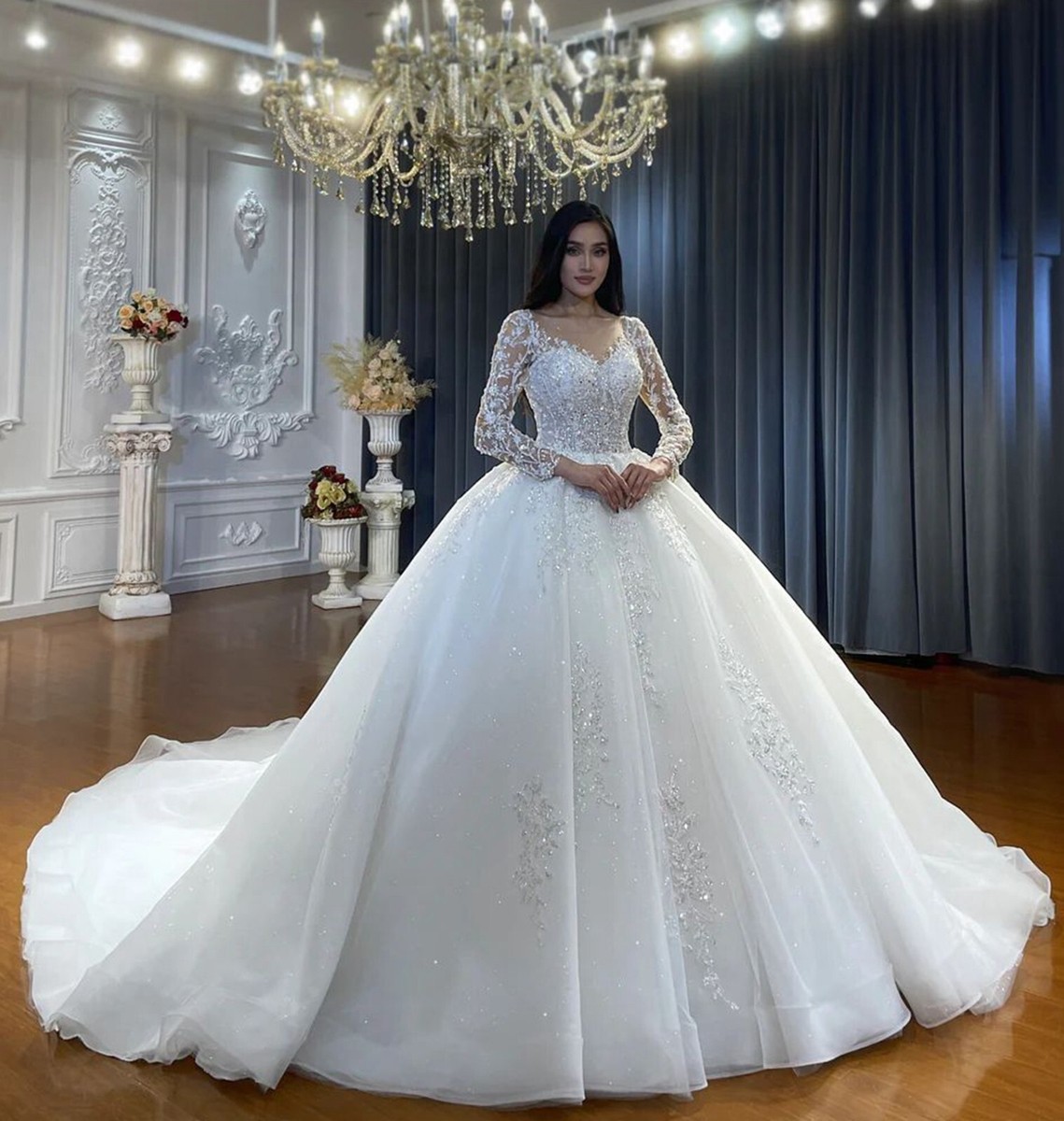 long sleeve wedding princess ball gown corset wedding dress Glamorous Long Sleeves Lace Princess Wedding Dress Ball Gown High Neck