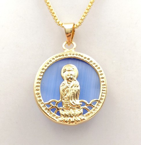 Yellow Multicolor Green Red Opal 18KGP Guanyin Kwan-yin Round Pendant Necklace - Picture 59 of 76
