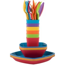 Set of 36 Kids Melange Dinnerware - 6 each of: Plate, Bowl, Cup & Utensils