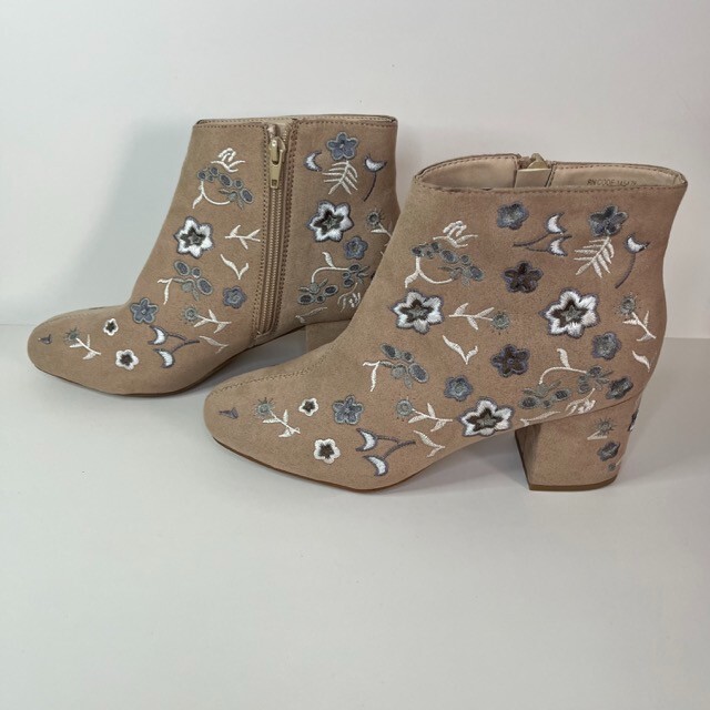 Primark Embroidered Floral Faux Suede Zip Up Ankle Boots Tan Beige