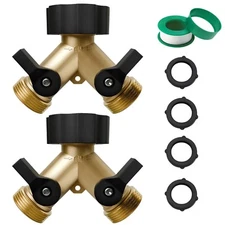 2pcs Garden Hose Splitter 2 Way with Valves and Rubber Washer, Y Brass Connector