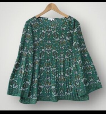 Max Studio Top Womens L Green Floral Print Pleated Bell Sleeve Peasant Smocked