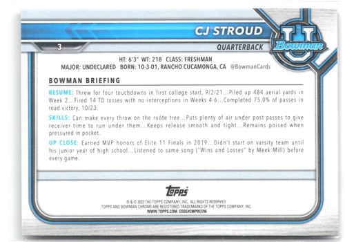 Universidad Bowman 2021-22 #3 C.J. Refractor Stroud cromo rosa - Imagen 2 de 2