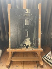 Vintage Signed Town Street Scene Oil On Board Atmospheric Cityscape Alley Cats