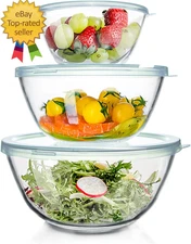 Glass Mixing Bowls Glass Bowls with Lids Set(4.5Qt,2.7Qt, 1.1Qt),Large Salad Bow