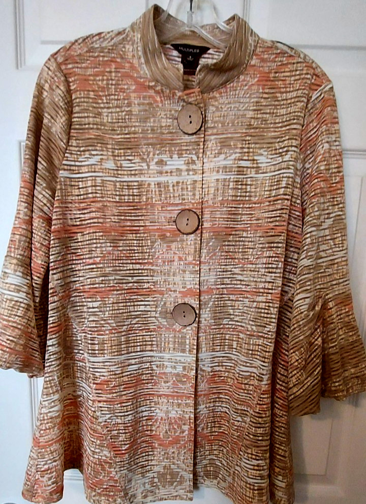 Multiples Abstract Print Button Mandarin Collar L… - image 1