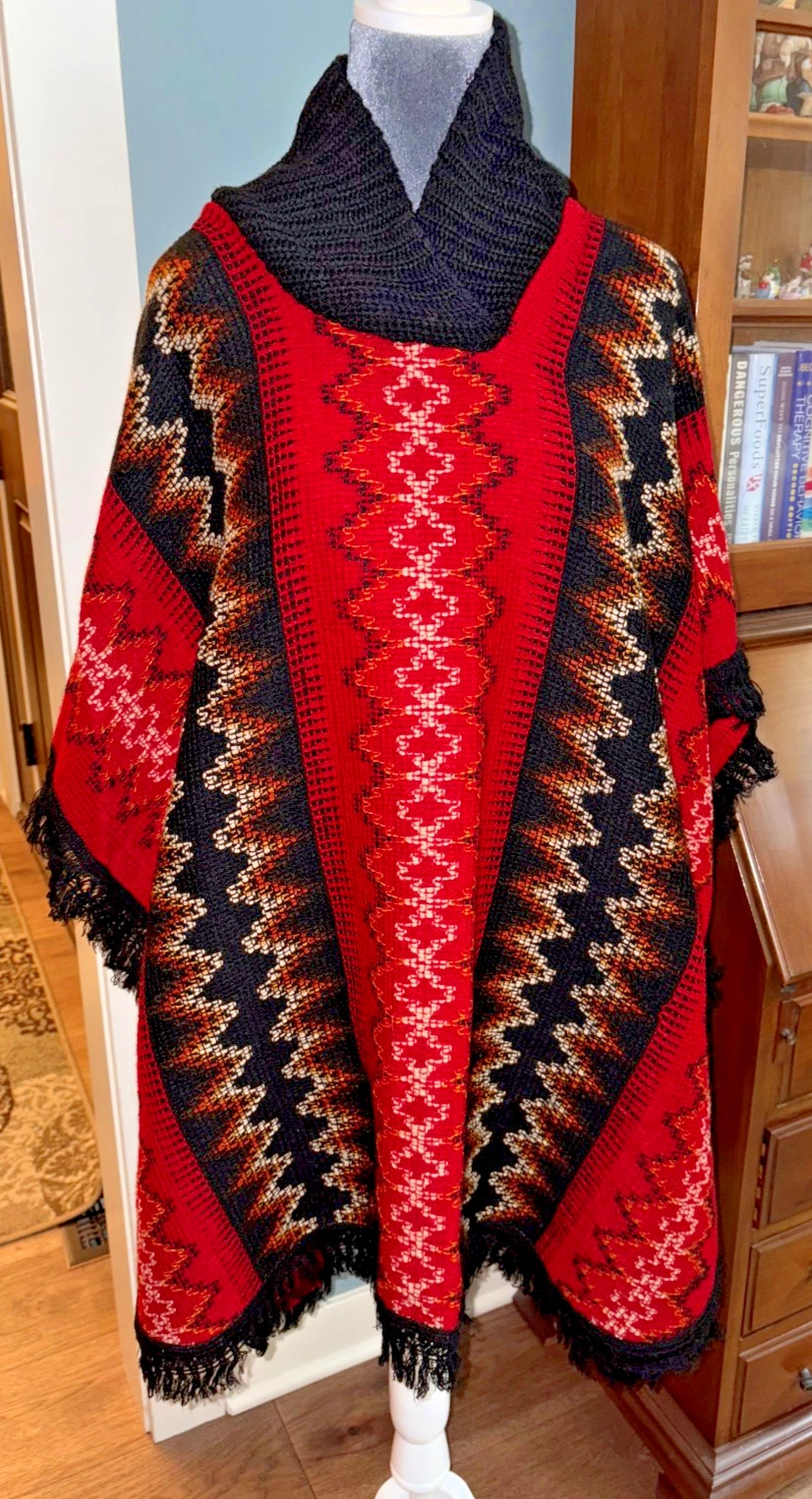CONFECCIONES AILED Fringed Aztec Print Knit Poncho Red Black Cape - One Size