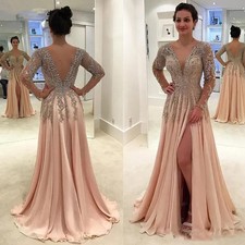 Gorgeous Beaded Deep V-neck Evening Gown Chiffon Long Sleeved Pleated Ball Dress
