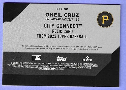 2025 Topps City Connect Relic Card Oneil Cruz Card #CC2-OC - Picture 2 of 2