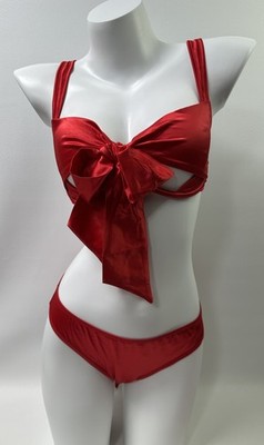 Adore Me Red Satin Gynger Bow Unlined Underwire  Bra And Panty Set Size M/L