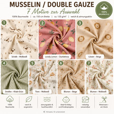 Musselin Stoff Double Gauze 100% Baumwolle Meterware Motive Kinderstoff 50 cm