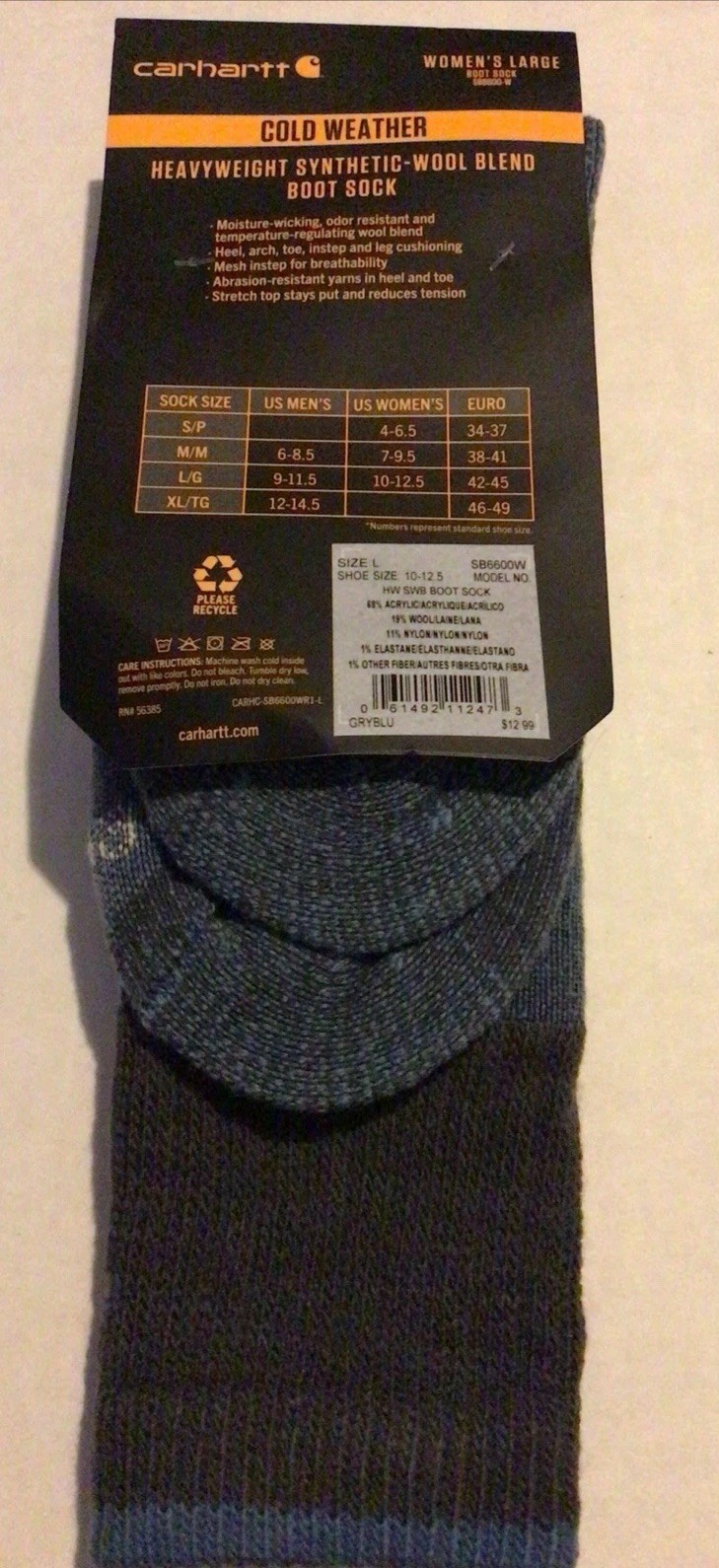 Carhartt Boot Socks 1 pair Women’s Large 10-12.5 Black Heavyweight Wool Blend thumbnail 2