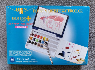 Holbein Künstler Aquarell Palmen Box Plus 18 Halbe Pfanne Set & Reise Pinsel Neu