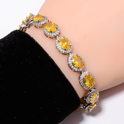 Citrine, CZ 925 Sterling Silver Adjustable Bracelet 7-8'' B14198, Gift for her