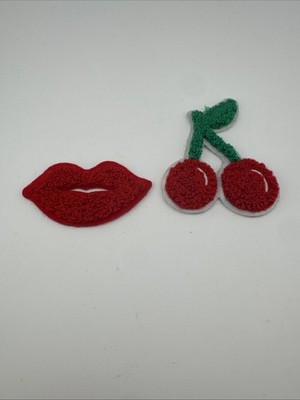 2 Pack Cherry Lips Chenille Fuzzy Patches 2  Self Adhesive Stickers