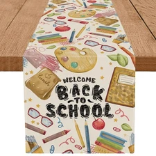 Welcome Back to School Table Runner Books Pencil Glasses Students First Day o...