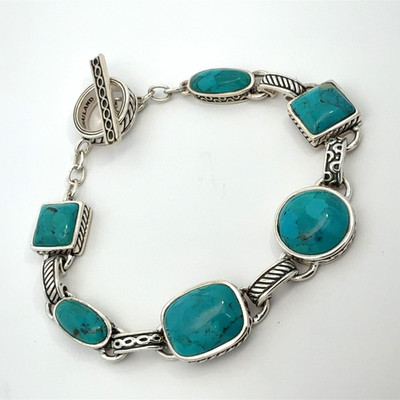 Barse Sterling Silver Square and Oval Turquoise Bracelet 7.5''