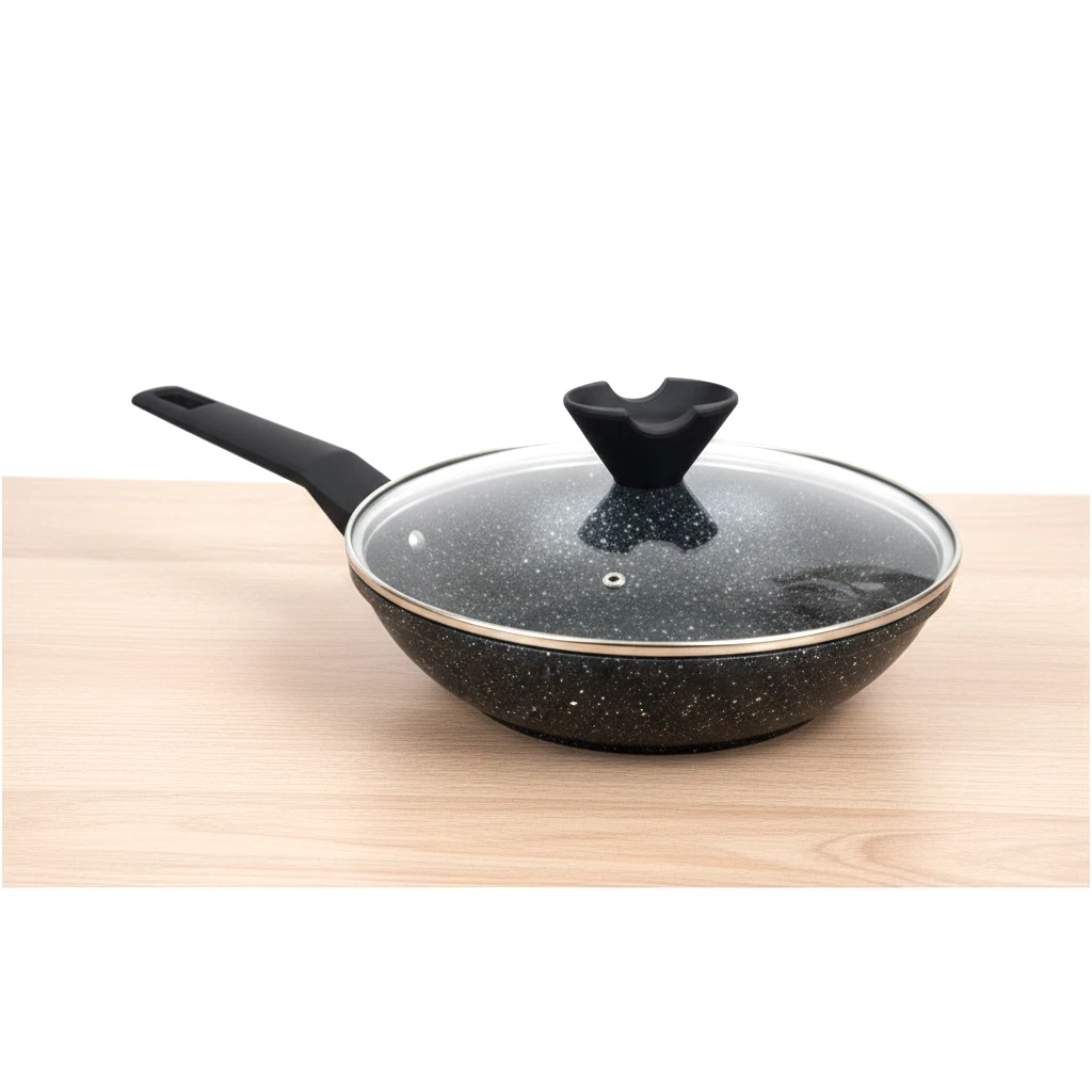 Glass Lid Non-Stick 26cm Induction Marble Coated Forged Aluminium Wok Pan