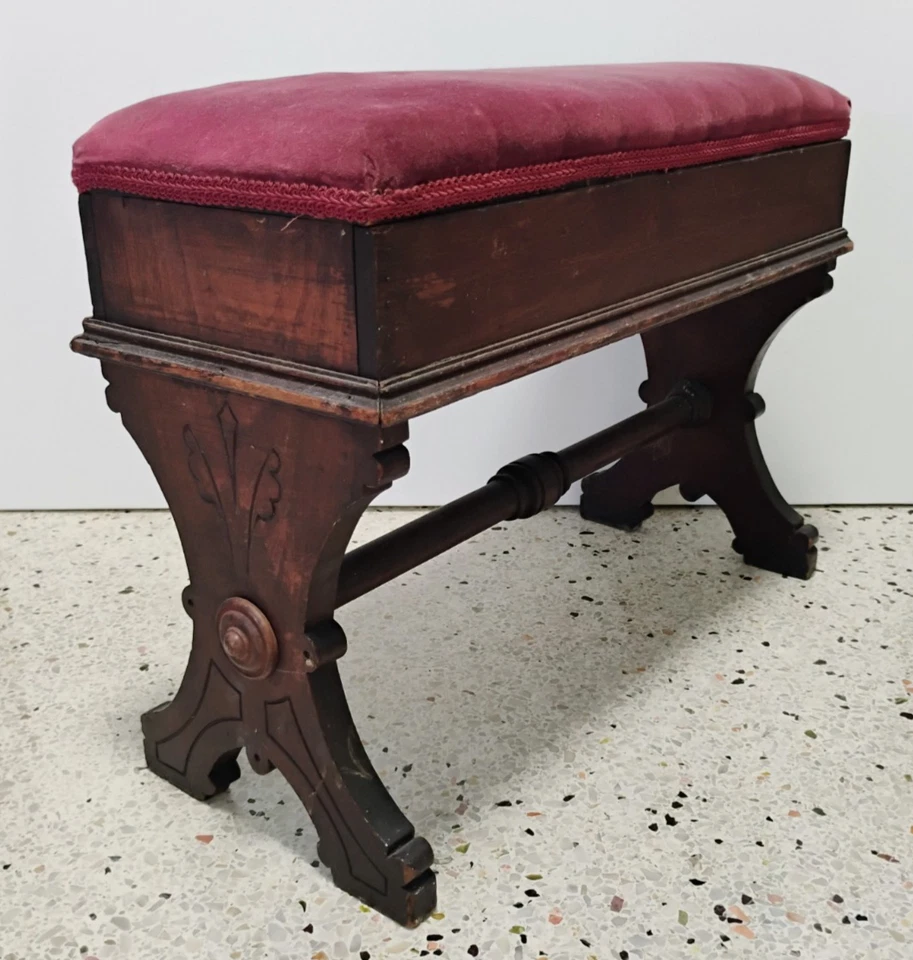ANTIGUO TABURETE DE BANCO VICTORIANO EASTLAKE TAPIZADO DE MADERA ELEVADOR SUPERIOR ZAPATILLA Foto 4 de 4