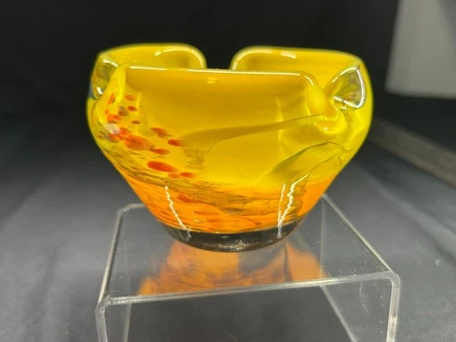 Vintage Murano Style Yellow Art Glass Ashtray Bowl Italian Mid Century 3 Rests