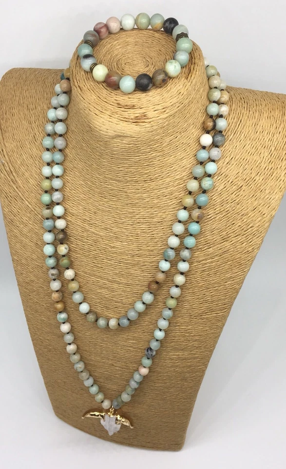 Fashion semi precious Amazonite Stones steer pendant Necklace + 10mm bracelet Foto 4 de 4