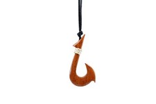 Hawaiian Fish Hook Necklace - Large, Brown, Hand Carved, Adjustable Rope, Maui