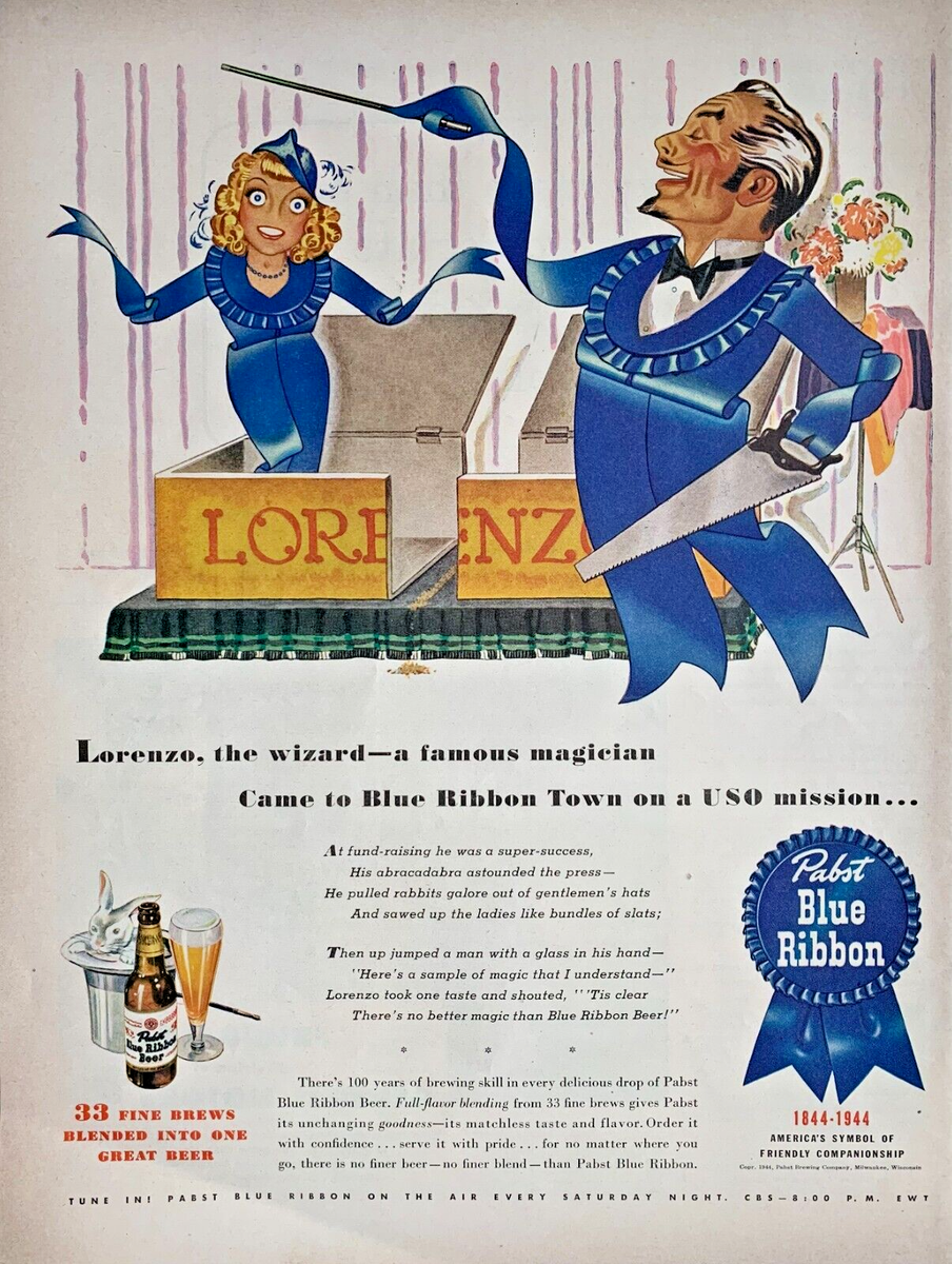 1944 Pabst Blue Ribbon Beer Print Ad Cartoon Magician | eBay