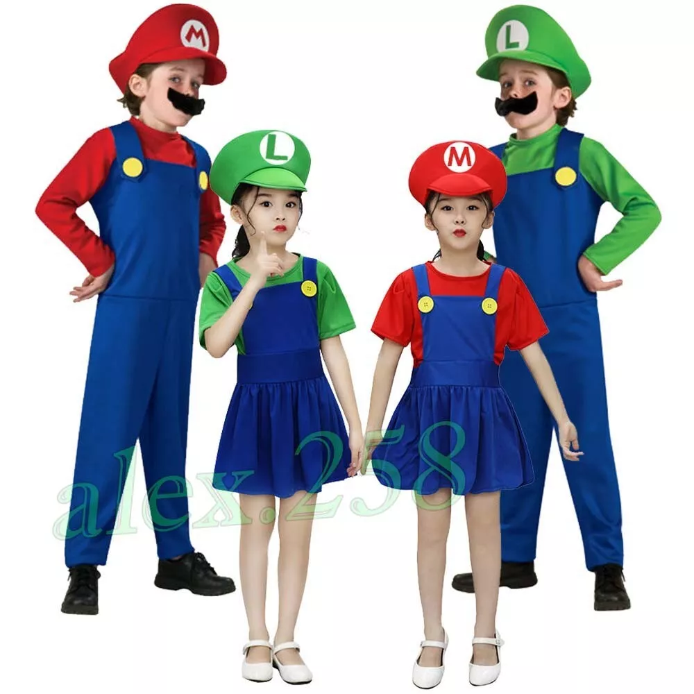 Kids Boys Girls Super Mario Luigi Cosplay Fancy Dress Party Outfits Costume  Gift