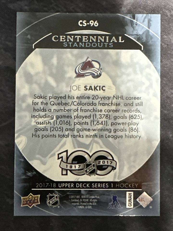 2017-18 Upper Deck Centennial Standout CS96 Joe Sakic Colorado Avalanche - Image 2 of 2