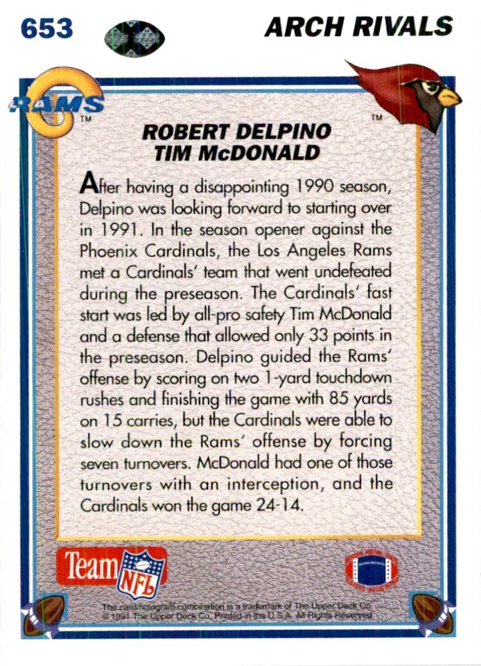 1991 Upper Deck Robert Delpino/Tim McDonald Football Cards #653 - Image 2 of 2