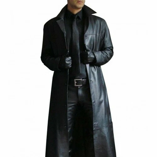 Men's Winter Warm Faux Leather Trenchcoat Lacquer Optic Coat Long Jacket Outwear - Picture 9 of 12