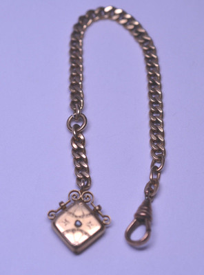 ANTIQUE GOLD FILLED CHARNIER WATCH CHAIN W/ HOOK & SEED PEARL ENGRAVED FOB CHARM