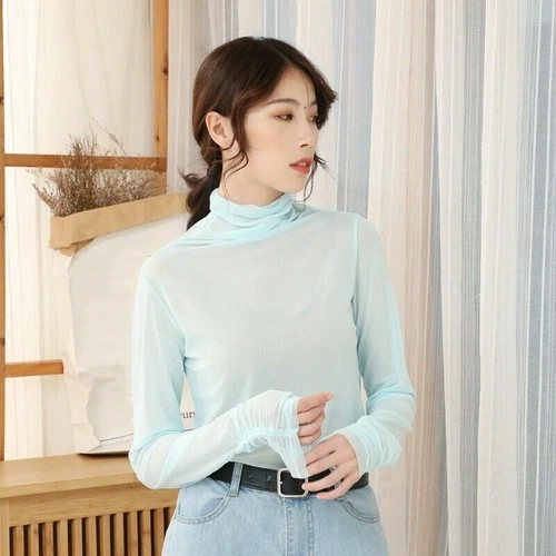Lady Mesh Blouse See Through Sheer Casual Tops Long Sleeve Turtle Neck Thin Sexy - Picture 4 of 29