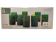 Fortessa Jupiter Glass Tumblers Green Beaded Textured 13 Ounces Each 8 Pieces